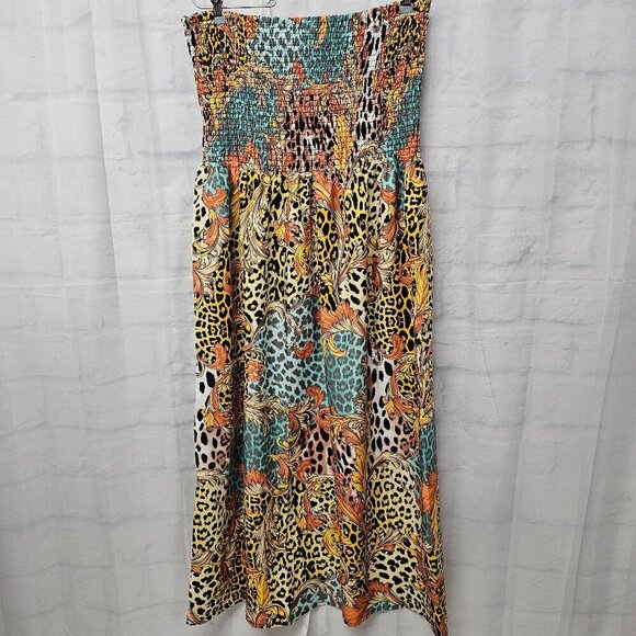 NWT Gypsie Blue Orange Green Animal Print Strapless Midi Dress Boho 1X - Picture 5 of 11